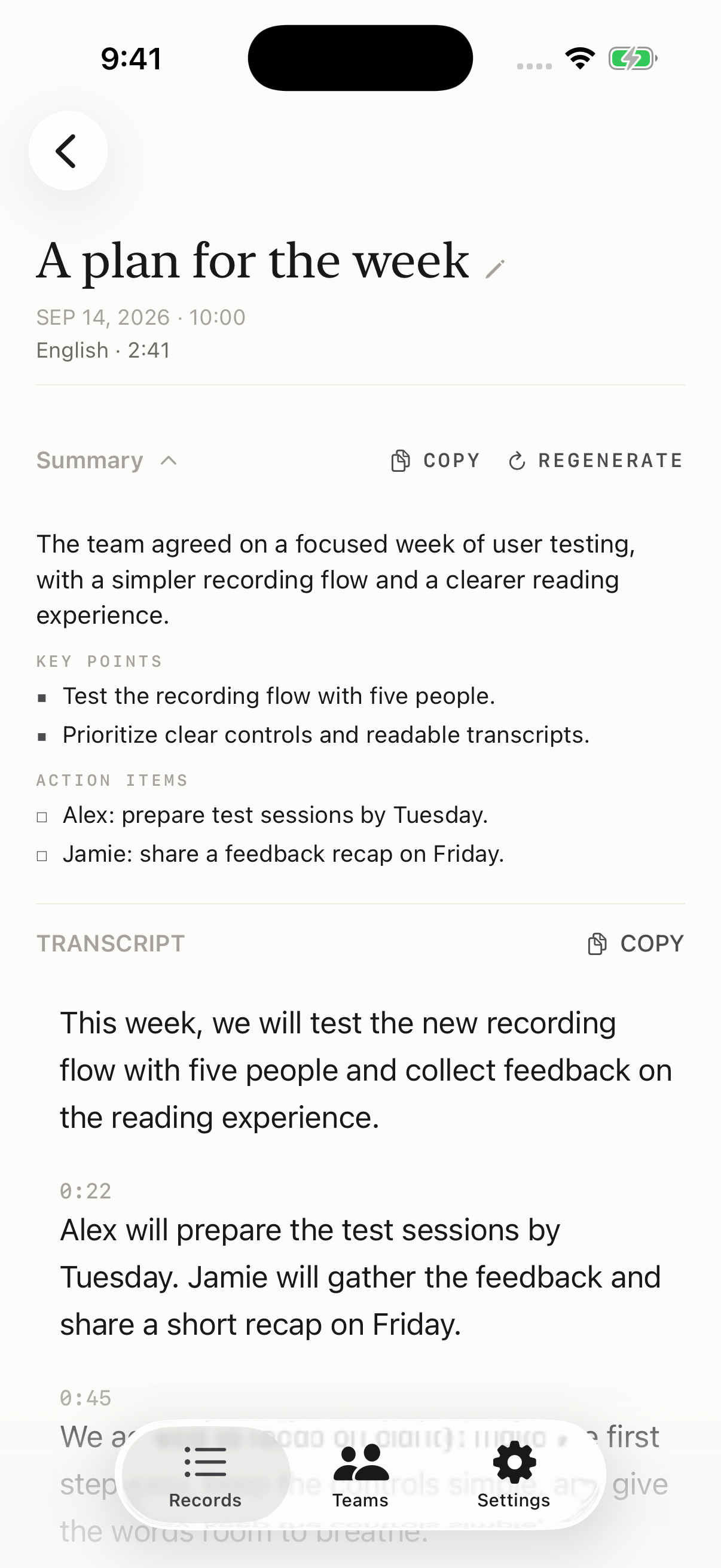 A weekly planning recording in Minine, showing its summary, key points and action items