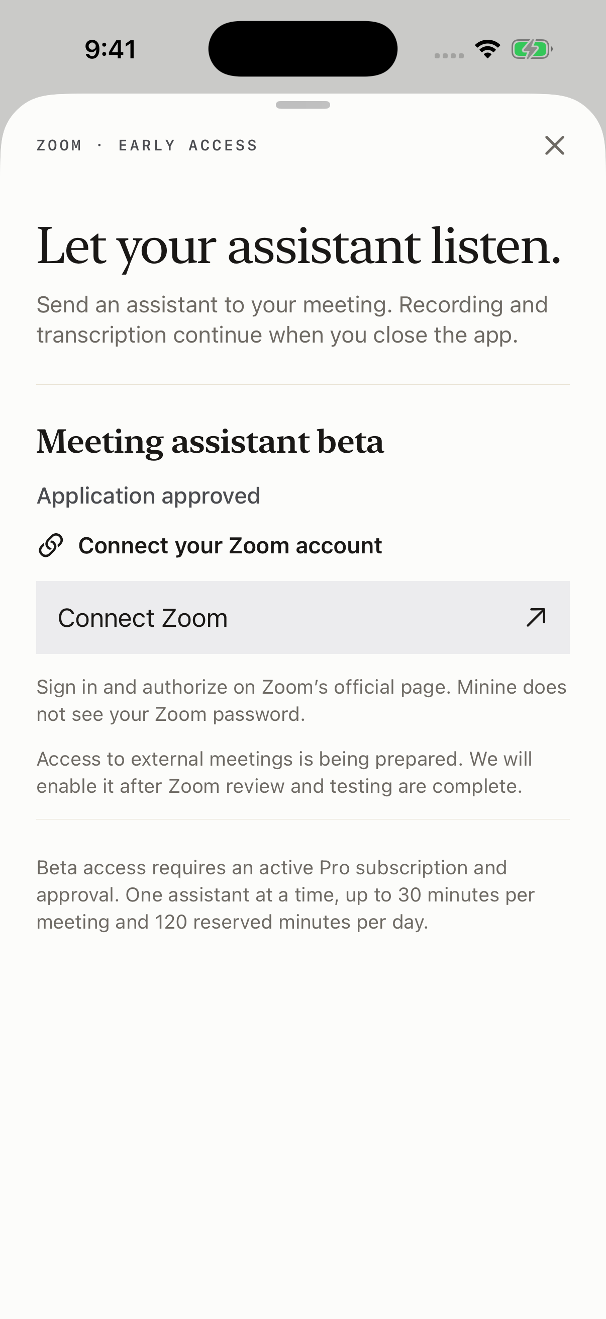 Zoom account connection screen in an enabled test build